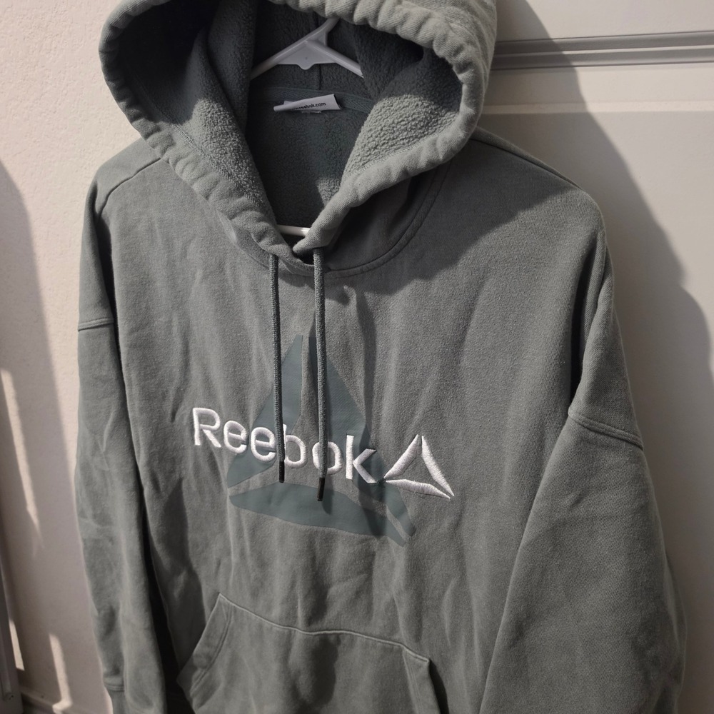 Reebok Mens Fleece Lined Hoodie Sage Green Embroidered Logo Sweatshirt Large
